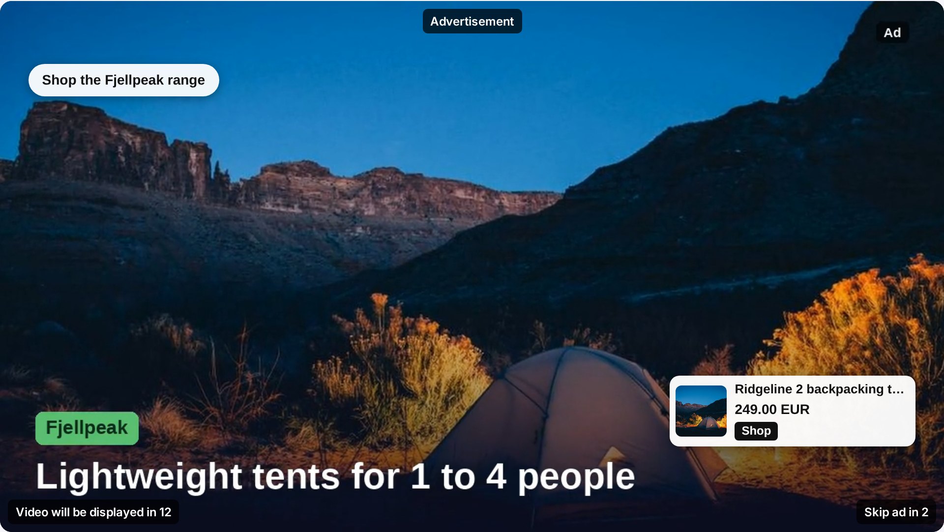 A pre-roll video ad in a publisher's player with a Shop the range hotspot and a product card for a tent at 249 EUR