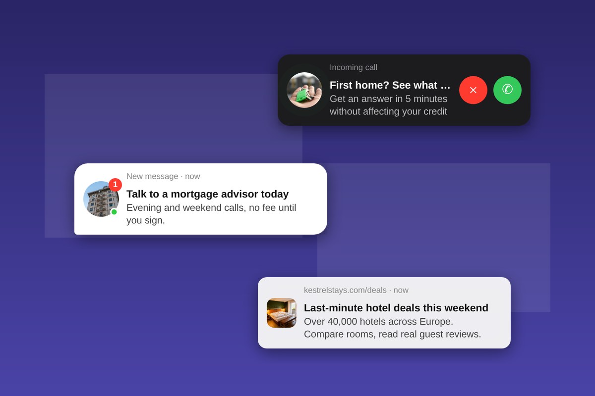 Social bar ad styled as a chat message, an incoming call and a system notification